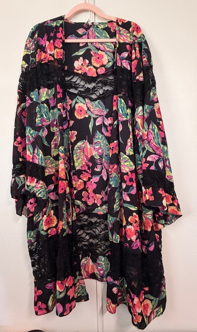 Est. 1946 Floral Lace Kimono Cardigan Duster Plus Size 26/28W Black Multi Boho